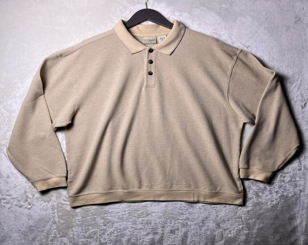 VTG L.L. Bean Heavy Knit Pique Cotton Polo Men's XL Beige Long Sleeve Outdoors